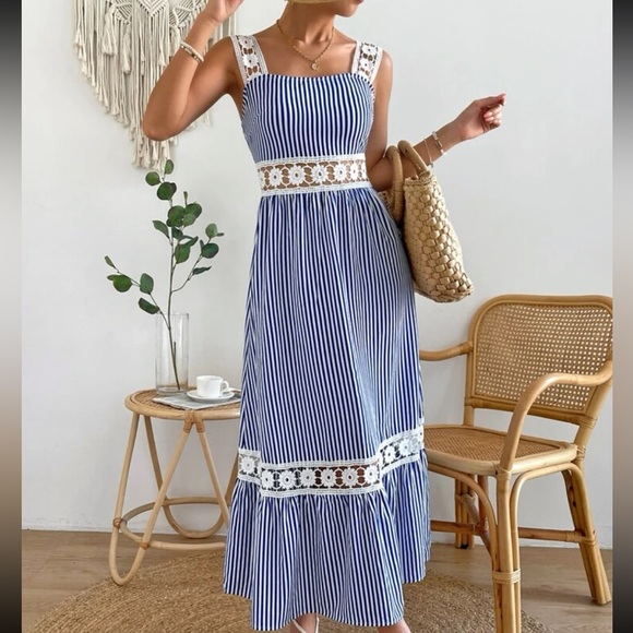 Boho Stripes Floral Sheer Mesh Lace Tiered Cami Maxi Dress - Picture 2 of 6